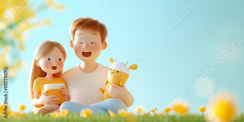 Family home care essentials during stomach bug illness. Family with child sit in meadow holding toy and drink in 3D Style. Healthcare and Family Support Concept. For Banner and Print