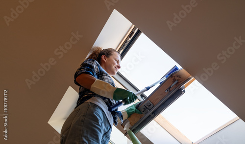 Bilde på lerret A woman washing and cleaning a skylight window at home.