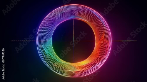 A mesmerizing video featuring a spinning holographic wireframe torus with cascading rainbow effects on a dark background, highlighting red, blue, and orange colors. photo