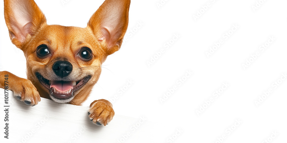 Cheerful Chihuahua with big ears peeking over a white surface against a rustic wall. Displays curiosity, happiness, and playfulness. Ai generated Cheerful Chihuahua with big ears peeking over a white surface against a rustic wall. Displays curiosity, happiness, and playfulness. Ai generated