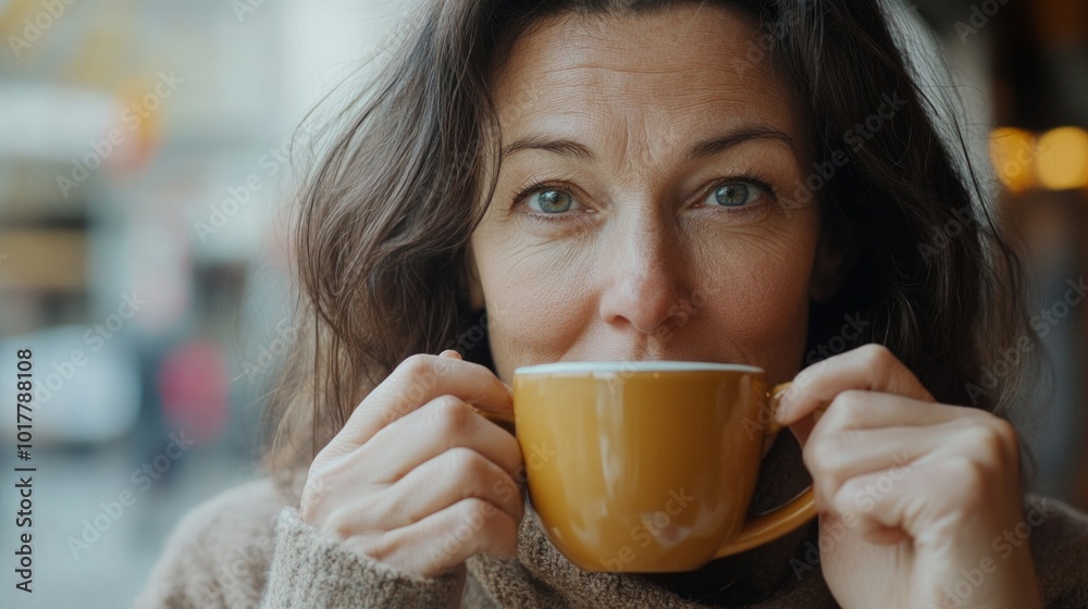A woman is holding a yellow coffee cup and drinking from it A woman is holding a yellow coffee cup and drinking from it