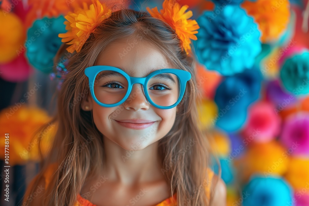 Girl wearing a pair of glittery glasses. She is smiling. Cheerful young girl wearing a fun Halloween costume with spooky masks and bright playful accessories creating a festive Girl wearing a pair of glittery glasses. She is smiling. Cheerful young girl wearing a fun Halloween costume with spooky masks and bright playful accessories creating a festive