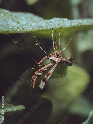 A wood-sage plume moth sheltering from the rain under a leaf photo