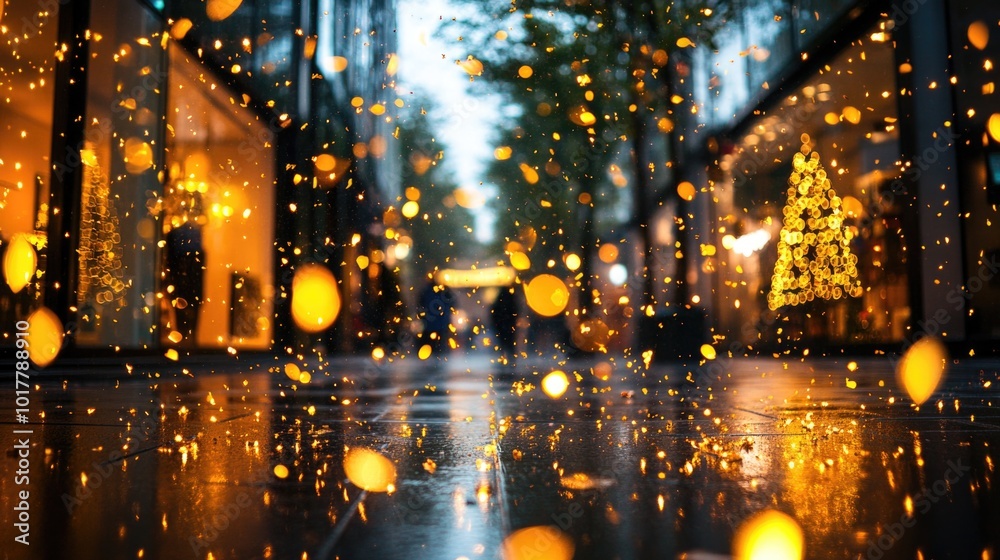 Obraz premium Festive urban winter scene with twinkling christmas lights and tree for holiday card design