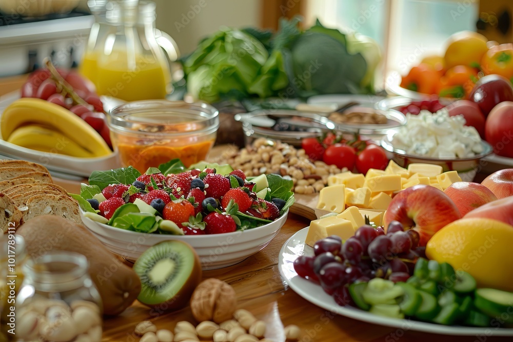This wooden table showcases a colorful variety of healthy foods, featuring fresh fruits, vegetables, nuts, and nutritious meals ready to enjoy. Generative AI This wooden table showcases a colorful variety of healthy foods, featuring fresh fruits, vegetables, nuts, and nutritious meals ready to enjoy. Generative AI