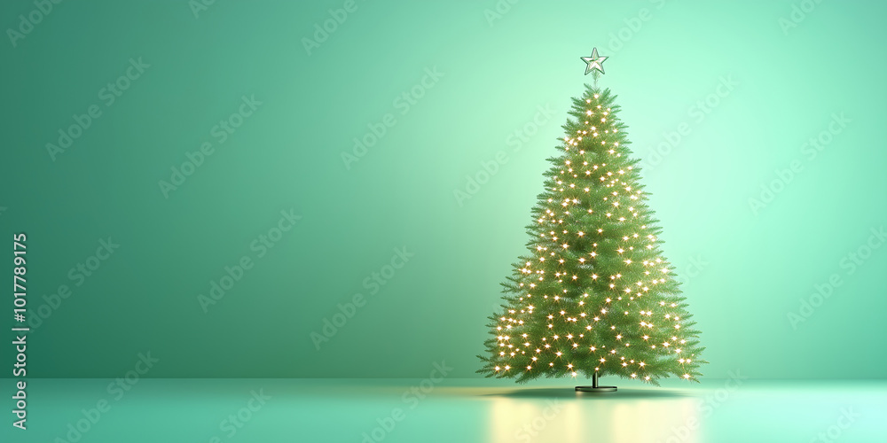 Christmas tree with lights isolated on green background. Indoor decoration. Holiday theme. Minimalist design for banner and greeting card with copy space Christmas tree with lights isolated on green background. Indoor decoration. Holiday theme. Minimalist design for banner and greeting card with copy space