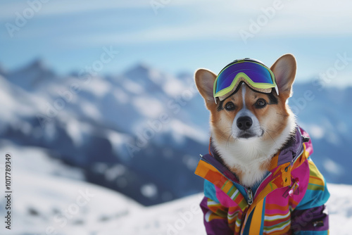 Corgi in goggles and colorful snowboard jacket stand on snowboard in snowy mountain landscape. Extreme sports and winter adventure concept. For banner and poster with copy space. photo