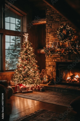 Cozy Christmas evening with a beautifully decorated tree and glowing fireplace in a rustic cabin