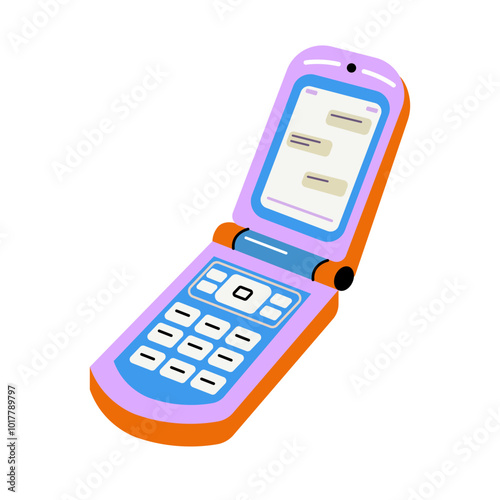 Retro Mobile phone. 2000s aesthetic, retro nostalgia. Clamshell phone. Cartoon style.