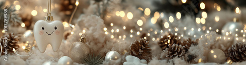 Festive 3D tooth toy with golden stars hang on Christmas tree. Holiday dental decor with lights and frosted pine branches. For seasonal promotions and Christmas campaigns	
