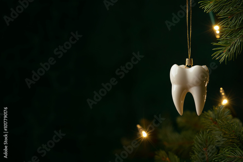 Festive 3D tooth toy with golden stars hang on Christmas tree. Holiday dental decor with lights and frosted pine branches. For seasonal promotions and Christmas campaigns	
