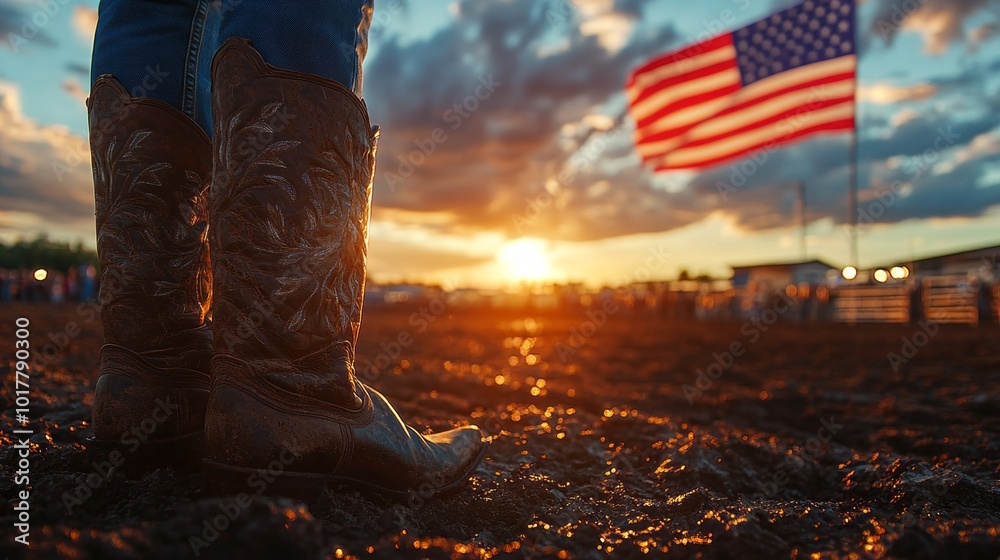 A cowboy stands in a field with a pair of boots and a flag in the background A cowboy stands in a field with a pair of boots and a flag in the background