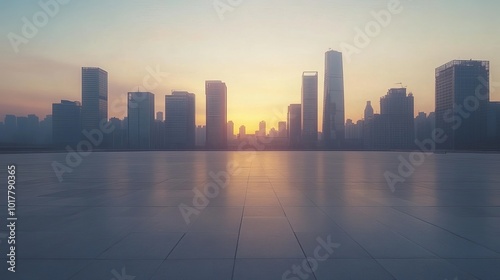 An empty square floor overlooks a stunning city skyline filled with modern buildings, illuminated by the warm hues of sunrise. 