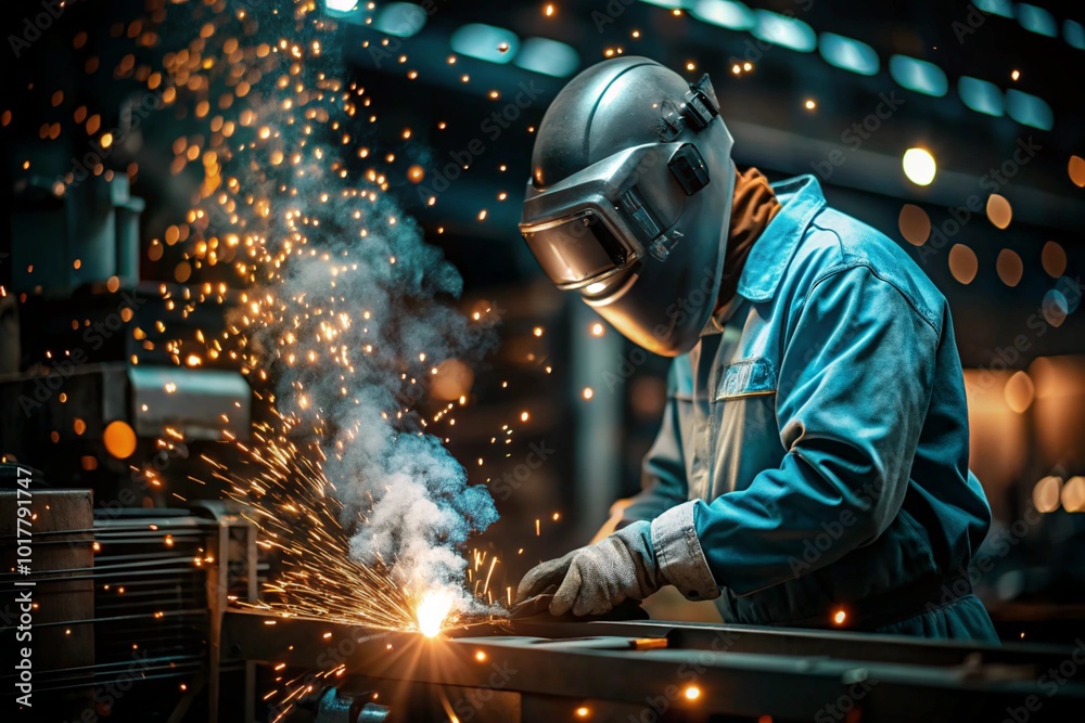 Industry and hard work. A welder in protective gear works with a welding machine for welding steel at the factory. Industry and hard work. A welder in protective gear works with a welding machine for welding steel at the factory.