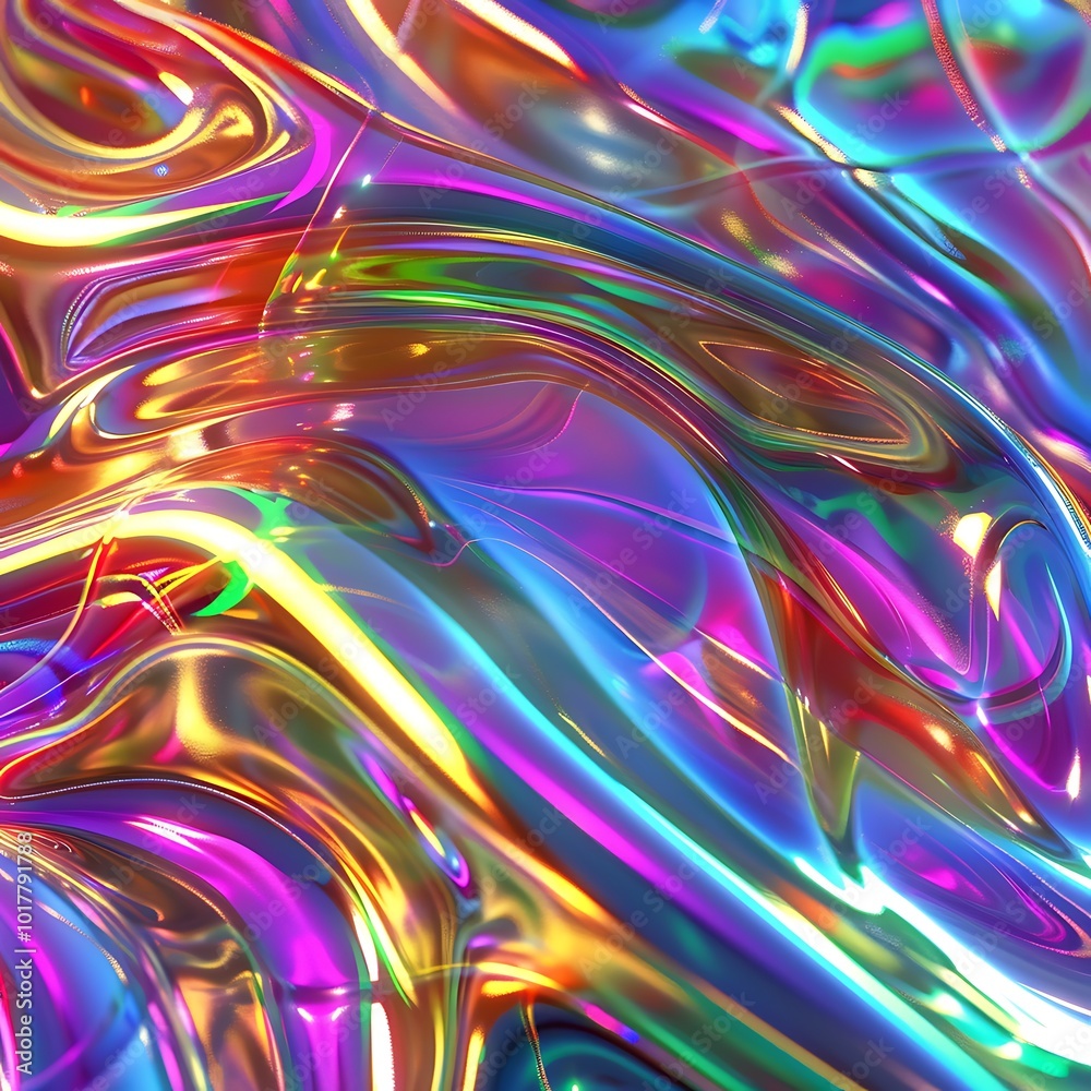 Fototapeta premium A dynamic holographic image with vibrant, reflective swirls of rainbow colors, creating a dazzling and high-energy visual effect. 8k UHD, suitable for high-quality printing or digital display. 