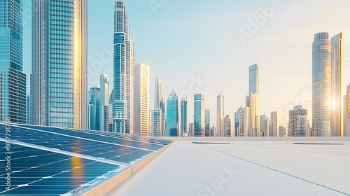 Eco-friendly urban landscape showcasing modern architecture with solar panels integrated into buildings, promoting sustainable energy solutions.