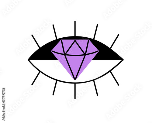 Icon of abstract eye with diamond. Art of eyeball with brilliant. Colored jewel with symbol of vision. Design element for decoration, cute emoji. Flat isolated vector illustration on white background