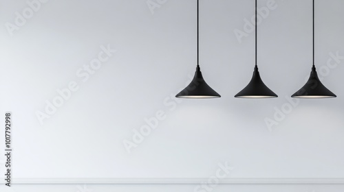 Fototapeta Naklejka Na Ścianę i Meble -  A row of three black pendant lights against a plain white wall, perfect for a minimalist interior decor mockup or lighting concept. 3D rendering.