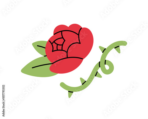 Red rose icon. Flower with green leaves and sharp thorns on stem. Wild blossom plant. Symbol of love, passion, affection. Bloom bud with sprout. Flat isolated vector illustration on white background