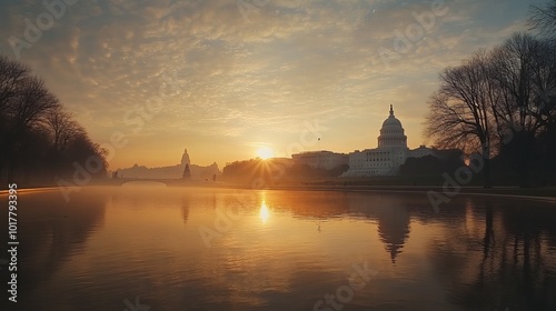 A breathtaking sunrise over the United States Capitol Building in Washington, D.C., bathes the iconic structure in warm golden light.