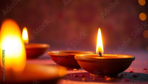 Clay Diya lamps lit during Diwali celebration, Happy Diwali