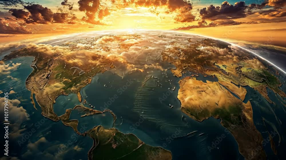A breathtaking view of Earth from space, capturing the continents, oceans, and clouds during a vibrant sunrise A breathtaking view of Earth from space, capturing the continents, oceans, and clouds during a vibrant sunrise