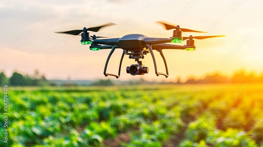 Drone flying over a green agricultural field at sunset. Drone flying over a green agricultural field at sunset.