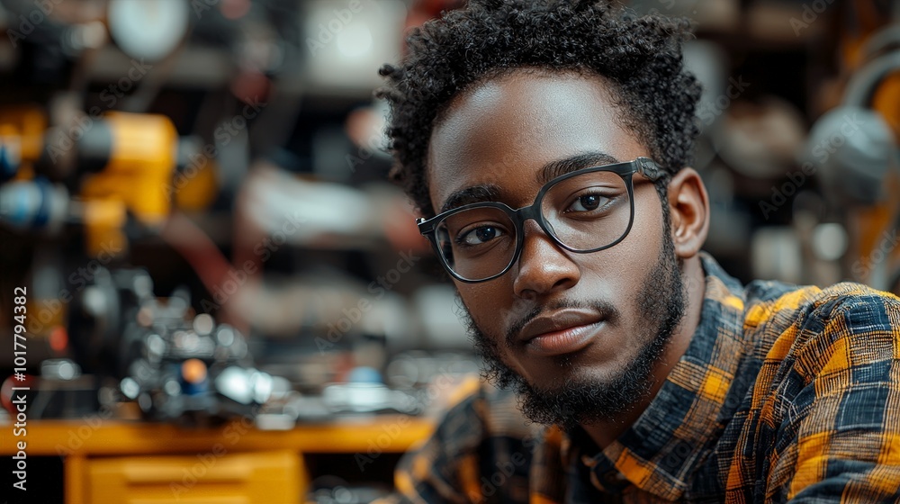 A young man with glasses poses in a workshop filled with tools and equipment. A young man with glasses poses in a workshop filled with tools and equipment.