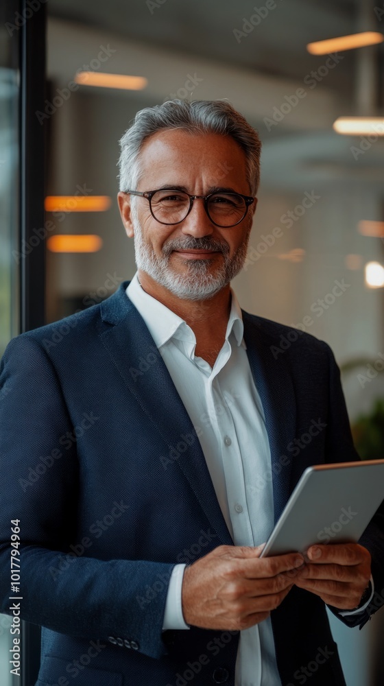 A man in a suit and glasses is holding a tablet in his hand A man in a suit and glasses is holding a tablet in his hand