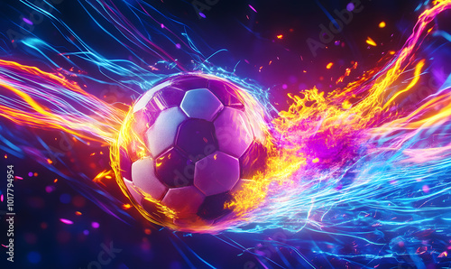 Dynamic Neon Football Action with Futuristic Geometric Patterns and Vibrant Light Trails for High-Energy Sports Advertising Backgrounds