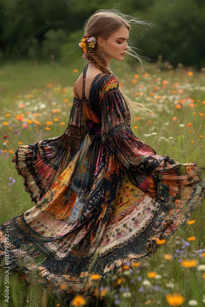 Bohemian meadow with patterned ethnic dress Bohemian meadow with patterned ethnic dress