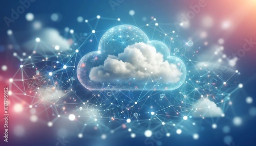 Abstract concept of cloud computing, featuring a cloud surrounded by a network of glowing connections. Ideal for illustrating cloud technology, data networks, and futuristic digital concepts.