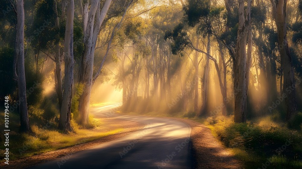 Obraz premium A winding road through the Australian forest, lined with towering eucalyptus trees and dappled sunlight filtering through dense foliage