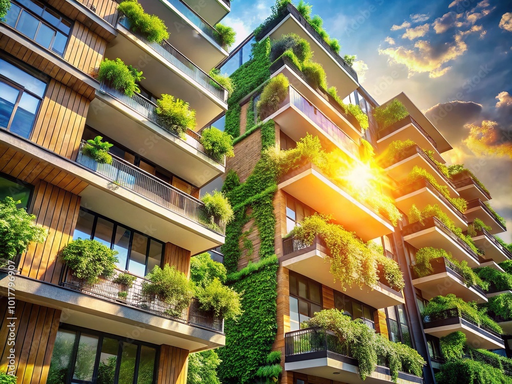 Modern Apartment Building with Balconies and Greenery in Warm Sunlight - Urban Nature Architecture Modern Apartment Building with Balconies and Greenery in Warm Sunlight - Urban Nature Architecture