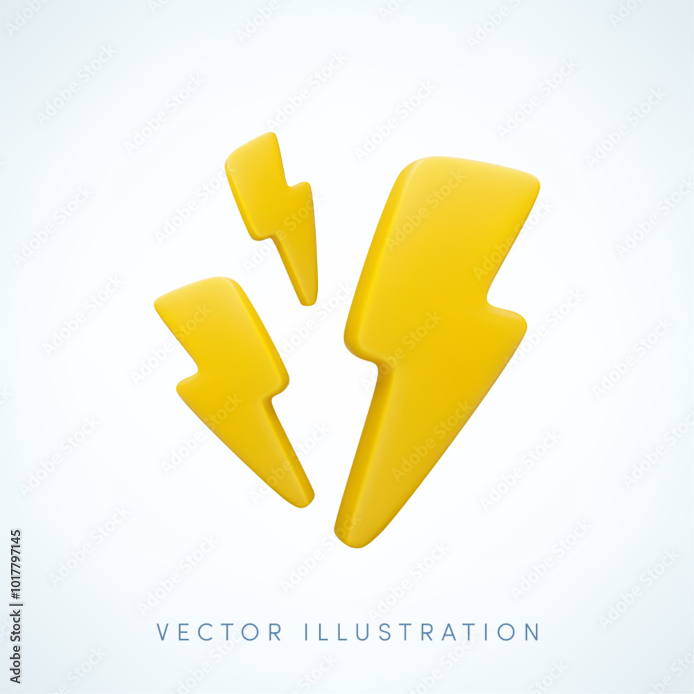Vector cartoon 3d lightning flash concept. Minimal 3d Render of thunder and bolt, energy power symbol, electric charge or danger emblem, thunderstorm sign. For flash sale design, game, weather app.