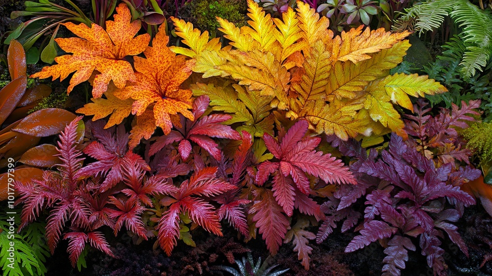 Vibrant ferns in various colors create a lush display. Vibrant ferns in various colors create a lush display.