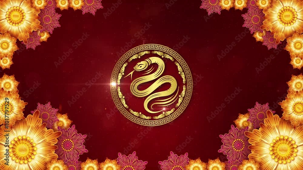 2025 Chinese New Year design featuring a golden snake symbol surrounded ...
