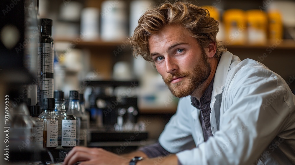 A young scientist working in a laboratory, focused on his research. A young scientist working in a laboratory, focused on his research.