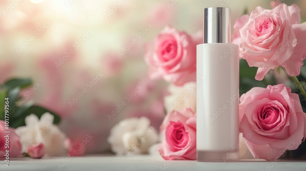 Fototapeta premium A minimalist beauty product bottle surrounded by soft pink roses, evoking a sense of elegance and freshness.