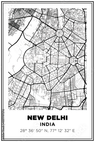 Black and white printable Street map art new delhi city, India. Travel poster with coordinates, poster design, Modern Poster Wall Art Home Decor Ready to Printable