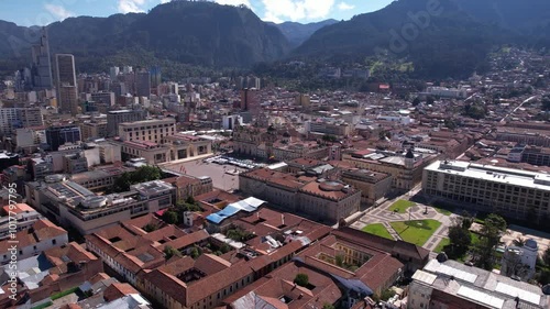 Bogota Colombia City Center, Drone Shot of Bolivar Square, Cathedral and Government Buildings photo