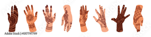 Traditional mehendi on hands set. Indian henna tattoos, Arabic patterns on palms. Diverse women with different designs, styles of mehndi, floral ornaments. Flat isolated vector illustrations on white