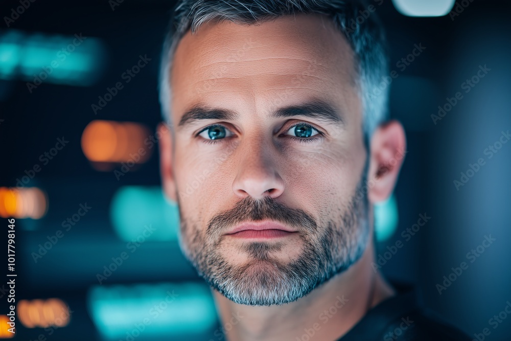 male cybersecurity expert with short hair, serious expression, typing on a computer. Blurred background with hacking detection alerts on screens male cybersecurity expert with short hair, serious expression, typing on a computer. Blurred background with hacking detection alerts on screens
