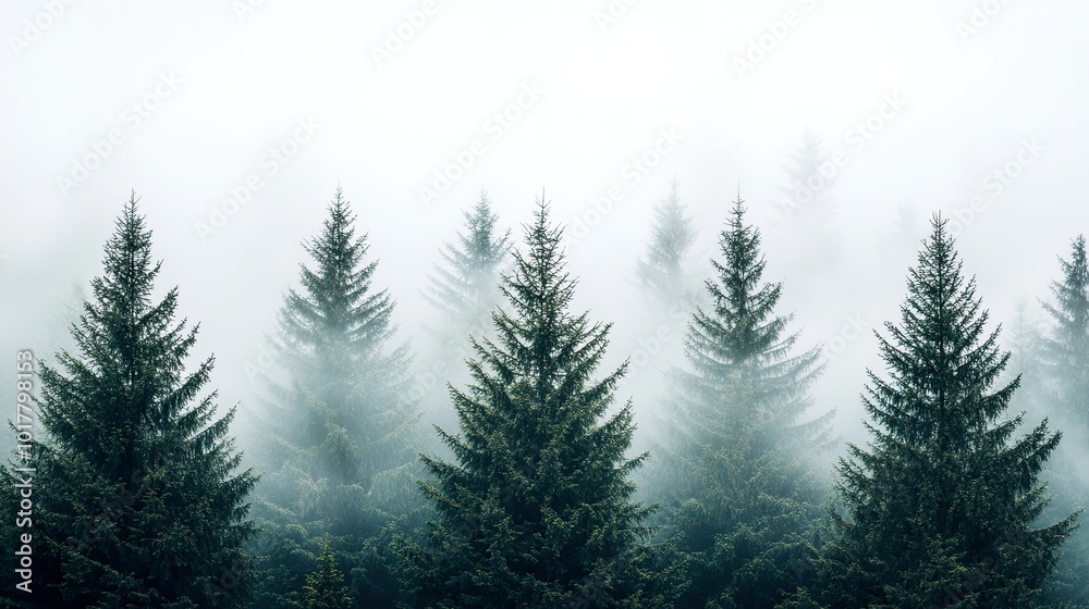 Fototapeta premium Misty forest with evergreen trees in a serene atmosphere.
