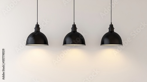 Three black pendant lights hanging symmetrically in front of a plain white wall, perfect for a clean and modern lighting mockup. 3D rendering.