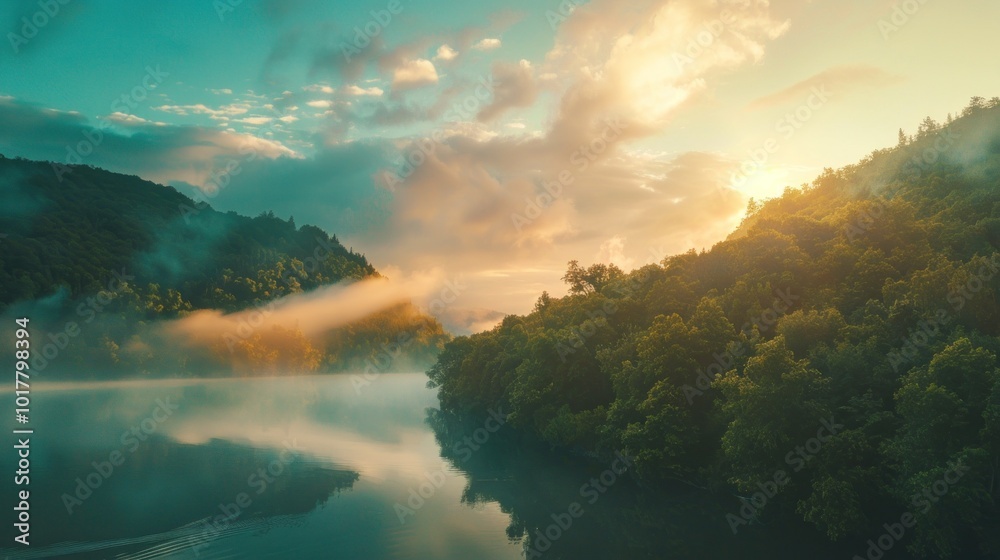 A misty forest with a river running through it A misty forest with a river running through it