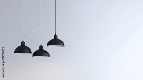 Three sleek black pendant lights hanging in front of a crisp white wall background, creating a minimalist, modern interior design aesthetic. 3D rendering.