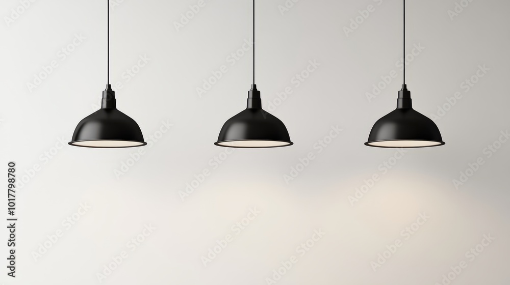 Trio of black pendant lights hanging against a plain white wall, perfect for minimalist lighting mockups and interior design inspiration. 3D rendering. Trio of black pendant lights hanging against a plain white wall, perfect for minimalist lighting mockups and interior design inspiration. 3D rendering.