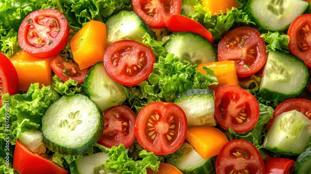 A vibrant and colorful salad composed of an array of fresh vegetables, including crisp greens, juicy tomatoes, cucumbers, and colorful bell peppers. A vibrant and colorful salad composed of an array of fresh vegetables, including crisp greens, juicy tomatoes, cucumbers, and colorful bell peppers.