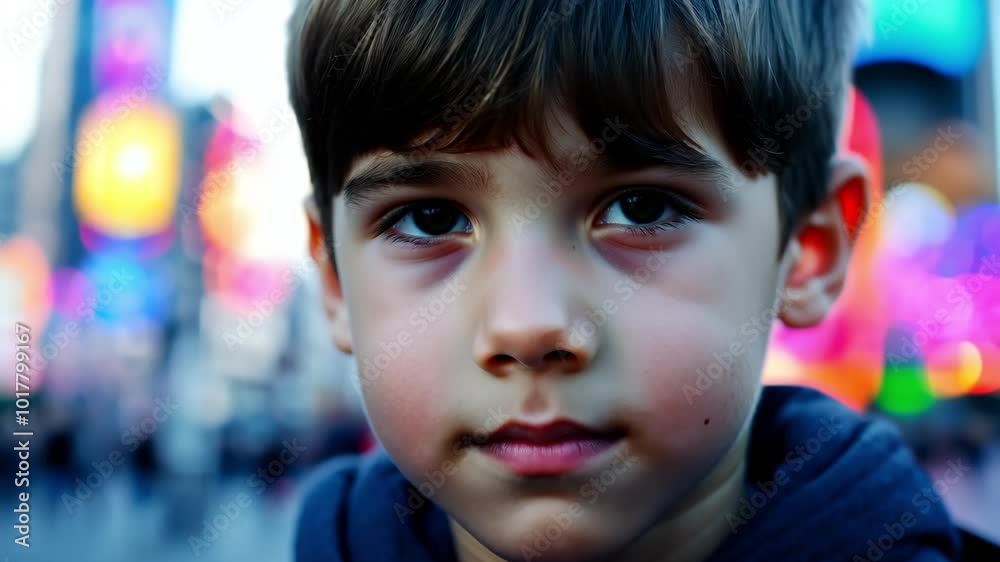 Close-up portrait of a thoughtful child with vibrant city lights in the background Close-up portrait of a thoughtful child with vibrant city lights in the background